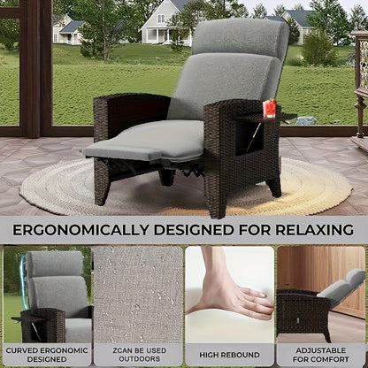 Designer Rattan Sofa & Chair Set - Ergonomic Memory Foam Cushion, Adjustable 160° Reclining Backrest, All-Weather Wicker Patio Furniture with Integrated Side Table, Removable Cushion Cover - Heavy-Duty Outdoor Garden Chair f