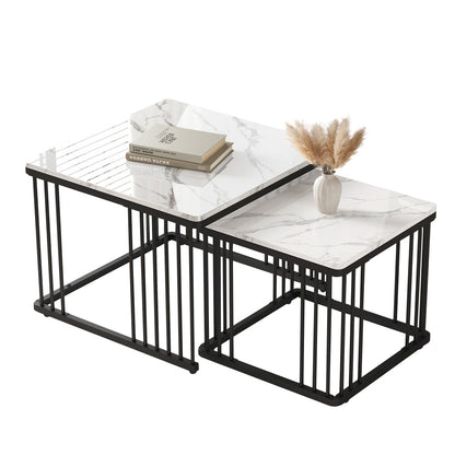 Salontafelset – Woonkamertafel – Bijzettafel – Tafeltje – Salontafels – Wit Marmerlook – Hoogglans MDF – Verstelbare Pootjes – Draagvermogen 30 kg