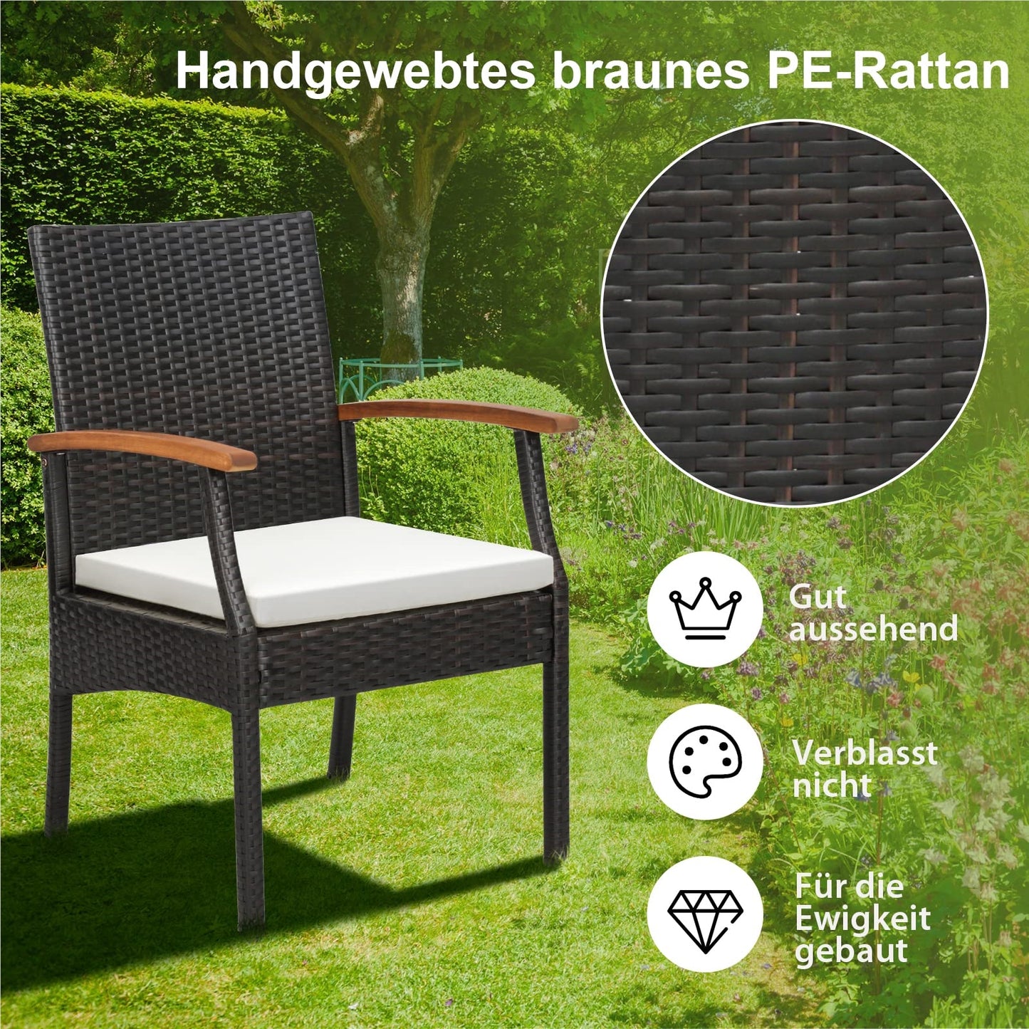 2-delige Rattan Stoel Set – Tuinstoel – Balkonstoel – Loungestoel – Terrasstoel – Poly Rattan Rugleuning – Houten Frame – Inclusief Zitkussen – Voor Buiten
