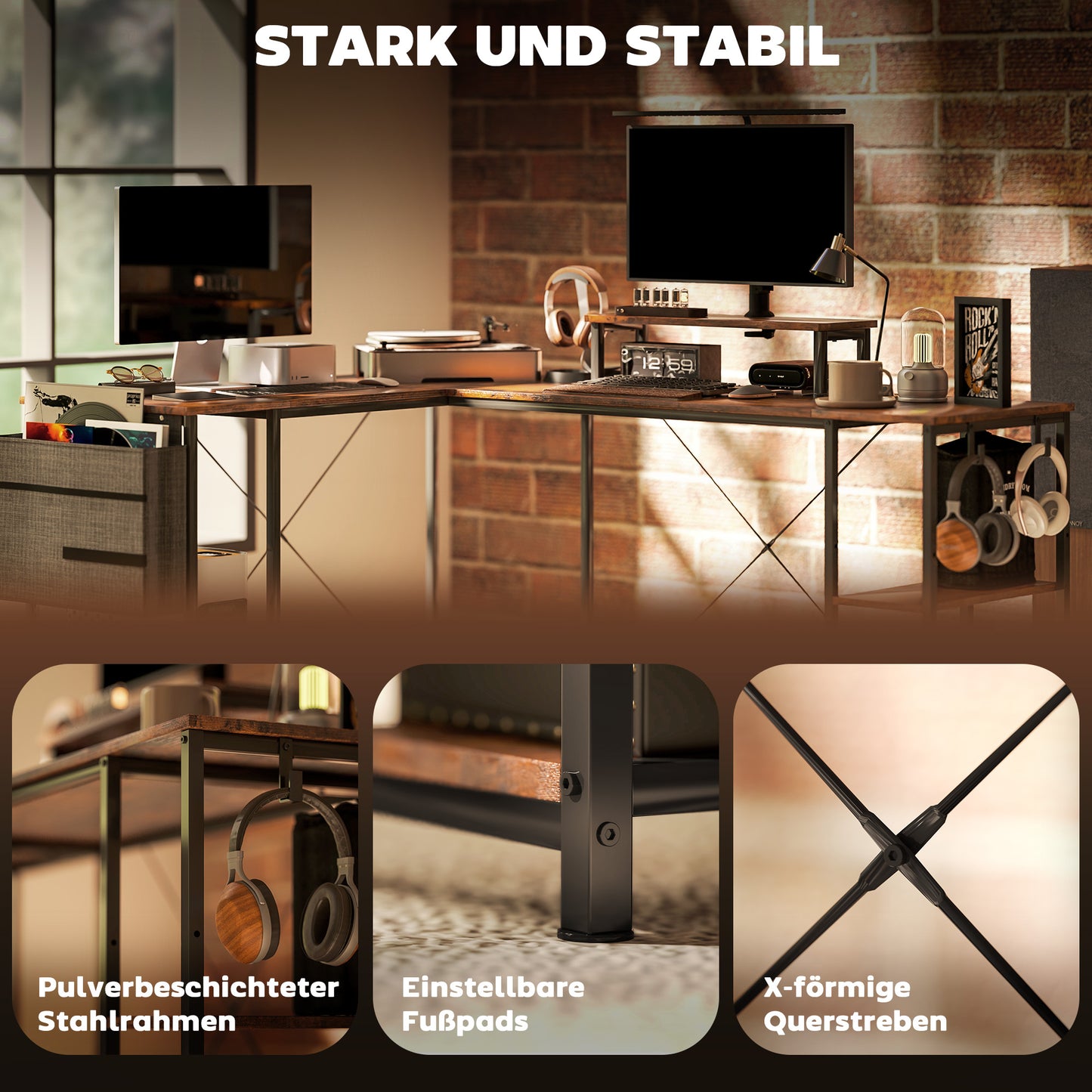 L-vormig Bureau – Hoekbureau – Thuiswerkplek Bureau – Werktafel – Computerbureau – Verstelbare Planken – Ergonomische Monitorstandaard – Rustieke Bruine Afwerking