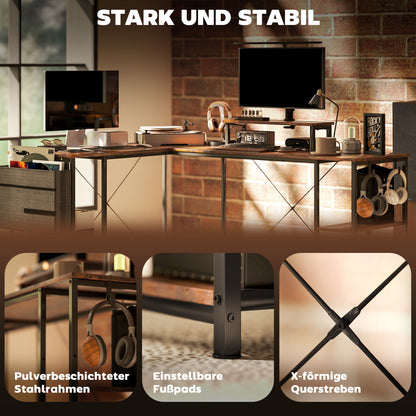 L-vormig Bureau – Hoekbureau – Thuiswerkplek Bureau – Werktafel – Computerbureau – Verstelbare Planken – Ergonomische Monitorstandaard – Rustieke Bruine Afwerking