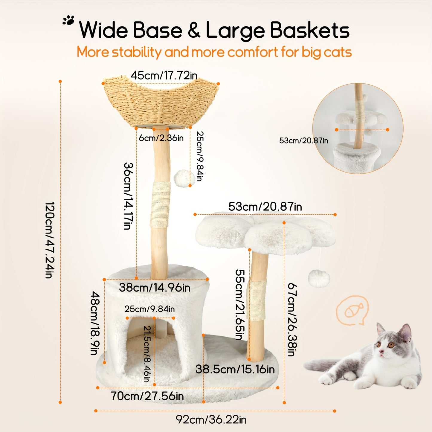 Kattenboom – Krabpaal – Klimmeubel – Kattenhuis – Kattenmeubel – 120 cm Hoog – Stevig Wilgenhout Met Natuurlijke Sisal Krabpalen