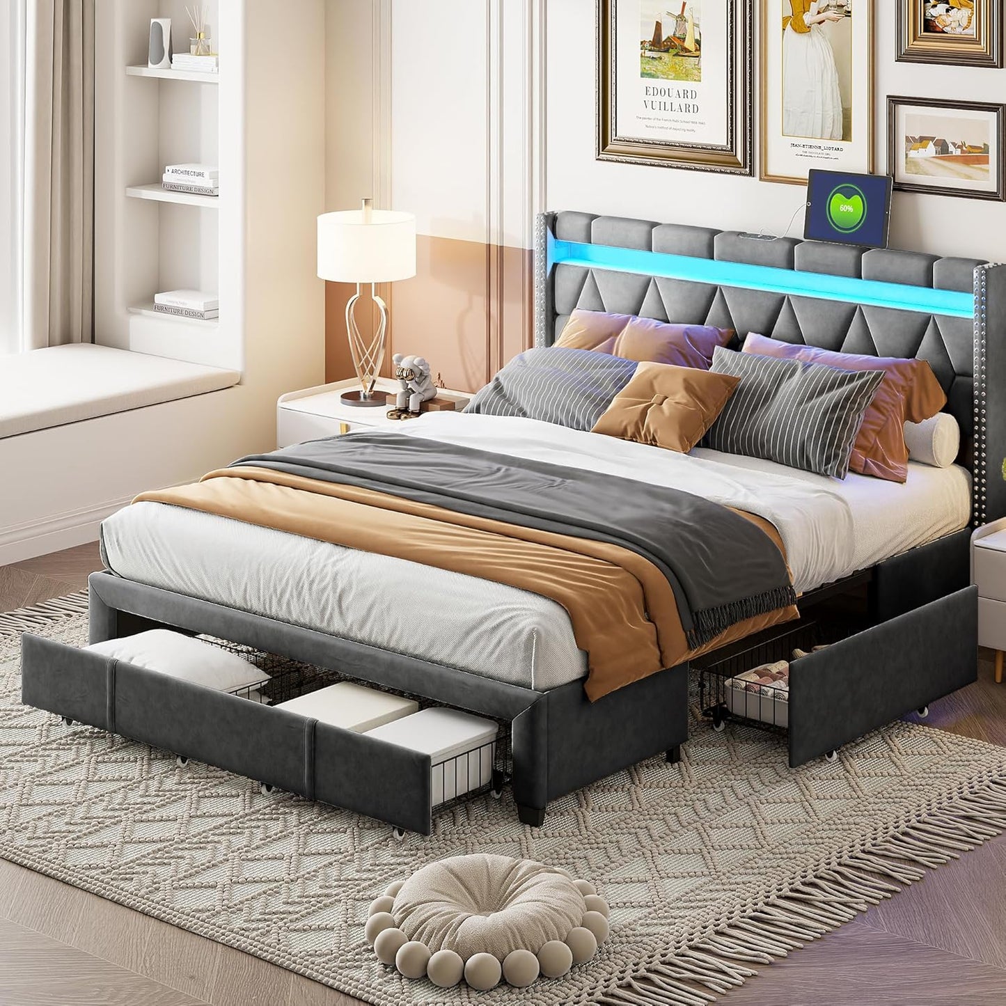 Gestoffeerd Bed – Tweepersoonsbed – Bedframe – Led Bed – Bed Met Lade – 140x200 Cm – Met Usb Oplaadpoort – 4 Opbergladen