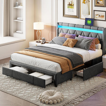 Gestoffeerd Bed – Tweepersoonsbed – Bedframe – Led Bed – Bed Met Lade – 140x200 Cm – Met Usb Oplaadpoort – 4 Opbergladen