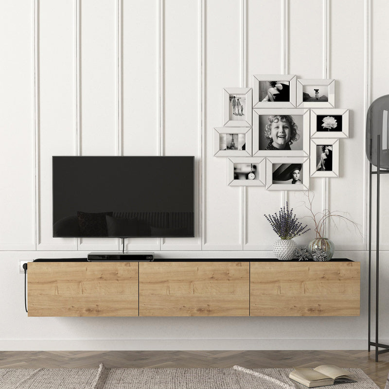 TV Meubel – TV Kast – TV Dressoir – Mediameubel – Hangend TV Meubel – Zwart & Eiken – 180x31x29,5 cm – 3 Opslagvakken