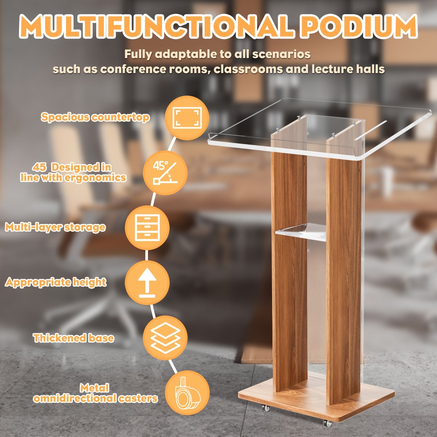Spreekgestoelte – Lessenaar – Podium – Katheder – Presentatietafel – Hout en Acryl – Verplaatsbaar Met Wieltjes – Met 2 Opberglades