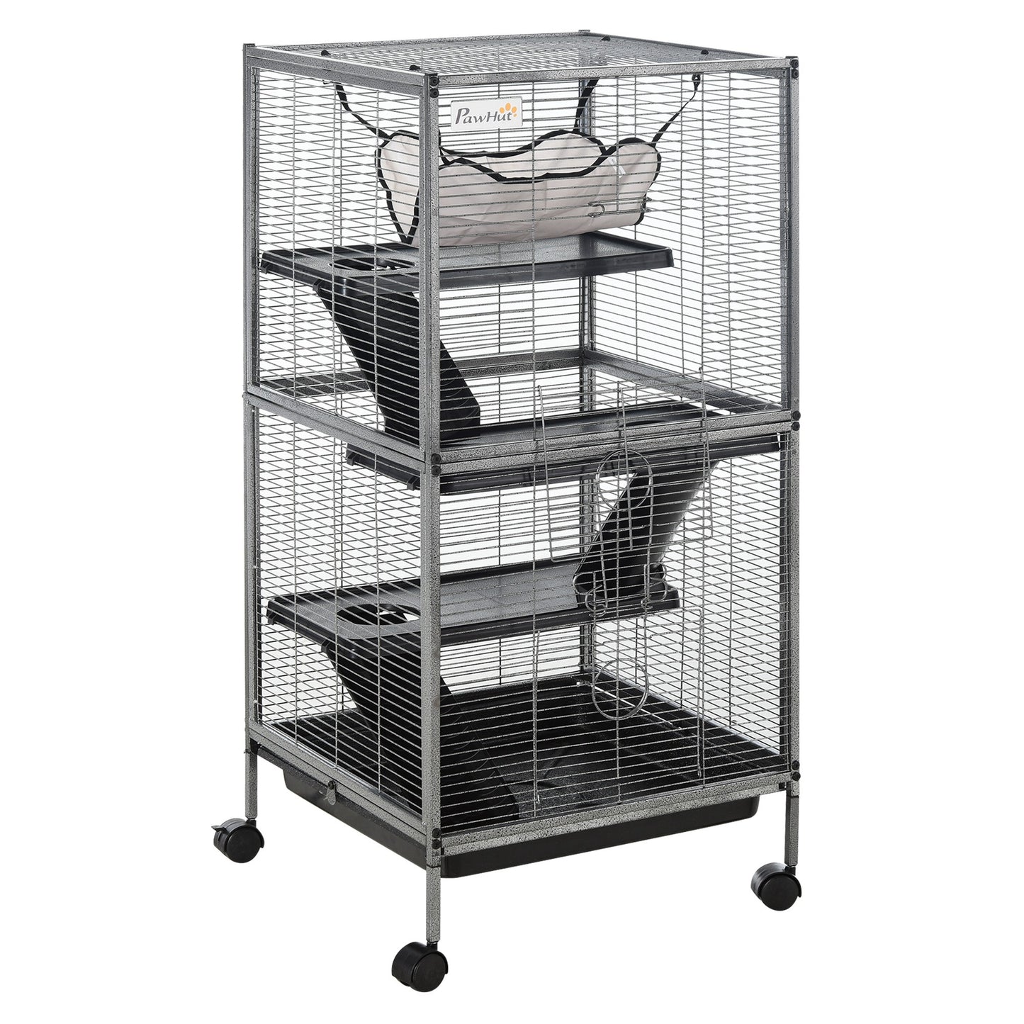 Dierenkooi Klein – Knaagdierkooi – Konijnenkooi – Hamsterkooi – Mobiel Dierenverblijf – Met 2 Deuren – Met Hangmat – 52 x 52 x 113,5 cm – Metaal Grijs