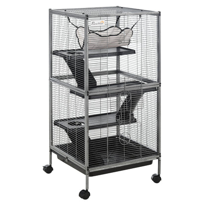Dierenkooi Klein – Knaagdierkooi – Konijnenkooi – Hamsterkooi – Mobiel Dierenverblijf – Met 2 Deuren – Met Hangmat – 52 x 52 x 113,5 cm – Metaal Grijs