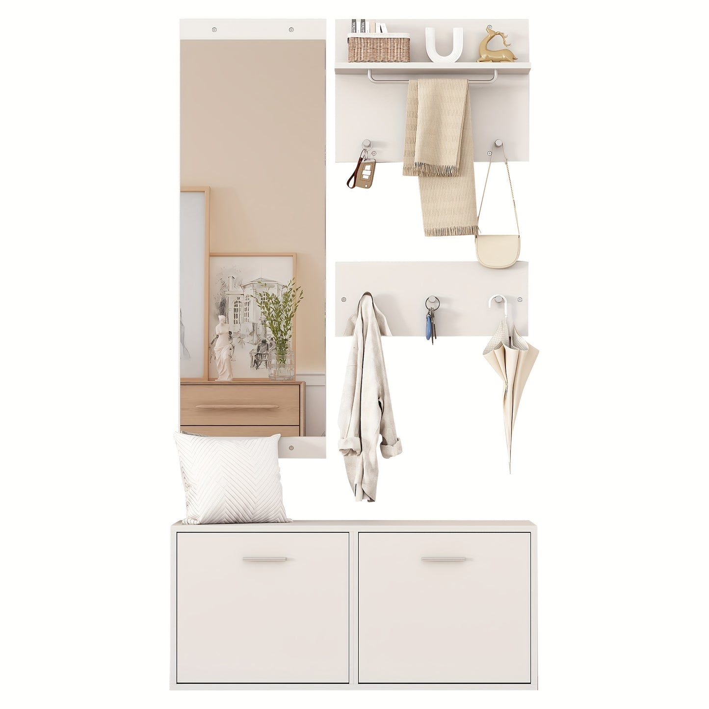 4pcs White Modern Classic Entryway Hallway Wardrobe Set with Mirror, 2 Hat Racks, Shoe Cabinet & 6 Coat Hooks - Space-Saving Compact Storage Cabinet with Doors, Easy Assembly, Floor-Standing Design for Small Spaces, Apartment