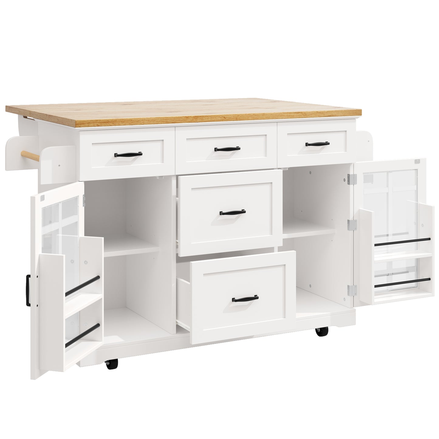 Keukeneiland – Keukentrolley – Keukenkast – Buffetkast – Serveerwagen – 5 Laden – Verstelbare Legplanken – Glazen Deuren – Houten Werkblad – Wieltjes – Wit – 140x40(63,5)x95 cm