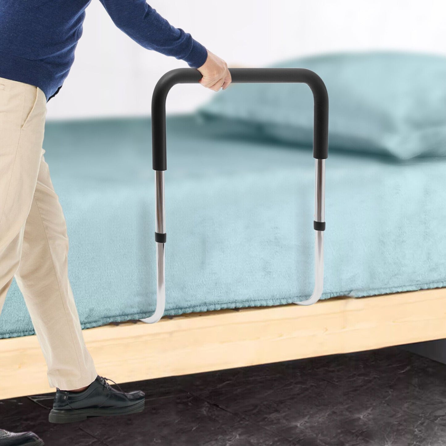 Bedbeugel – Bedsteun – Transferbeugel – Bedgreep – Uitstapbeugel – Verstelbaar tot 56 cm – Hoogwaardig koolstofstaal met zachte schuimhandgrepen