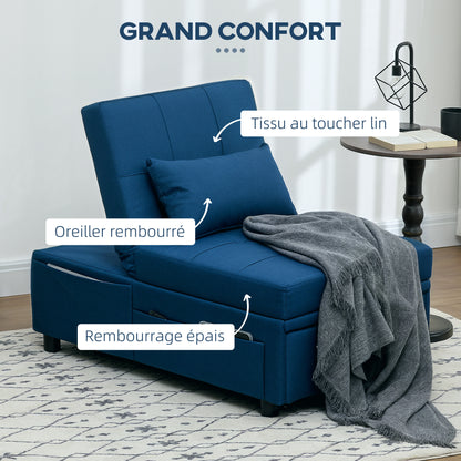 Fauteuil Bedbank – 1-Zitsbank – Slaapfauteuil – Loungezetel – Slaapstoel – Verstelbare Rugleuning – Geïntegreerd Kussen – Blauw