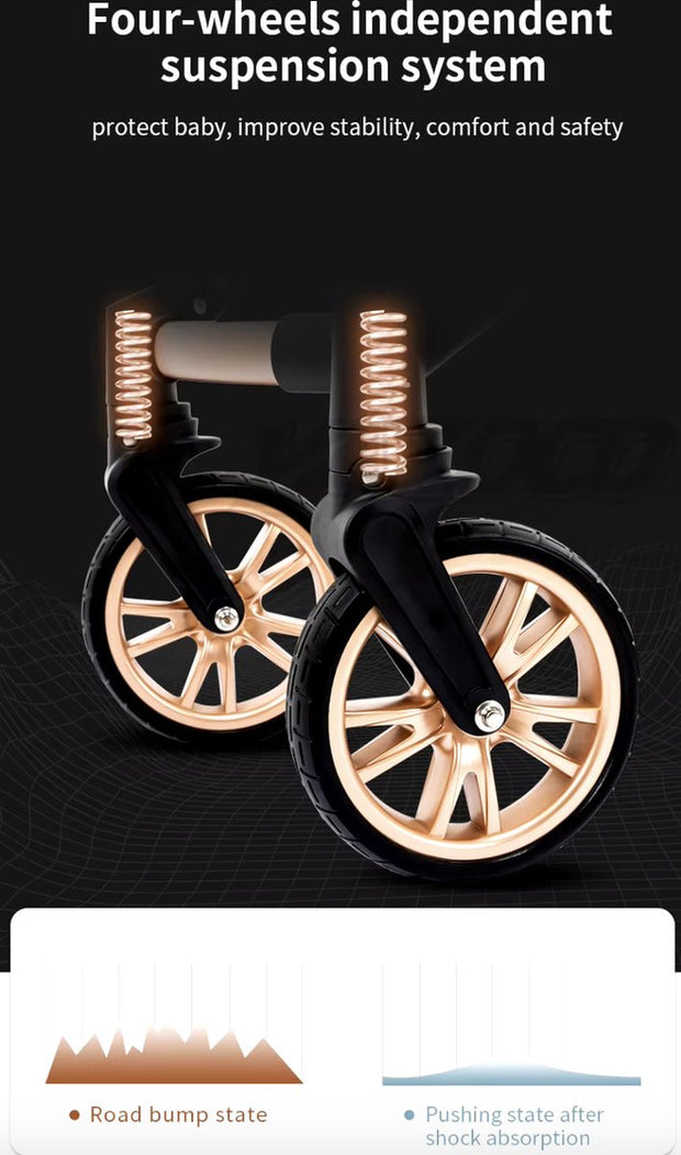 Kinderwagen 3 in 1 - Kinderwagen - Bedje - Buggy - Autostoel - Opvouwbaar - Aluminium frame - Beige/Khaki - Goud - Bruin