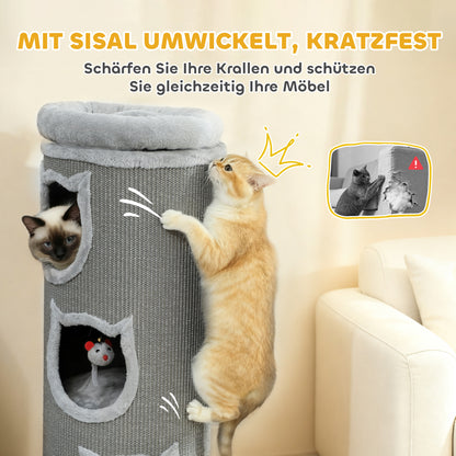 Kattenkrabpaal – Krabpaal – Kattenboom – Kattenhuis – Kattenmeubel – Grijs – 96 cm Hoog – 3 Holletjes Met Wasbaar Bed
