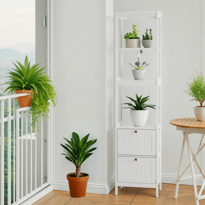 Slank Hoog Kastje – Smalle Opbergkast – Verticale Badkamerkast – Smal Meubel – Waskamer Rek – Wit MDF – 2 Lades & 3 Planken – Ruimtebesparend Ontwerp – Eenvoudige Montage