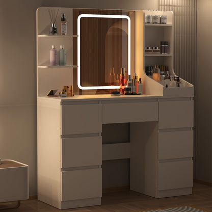 Make-up tafel – Make-up bureau – Schminktisch – Beauty tafel – Witte kaptafel – LED verstelbare verlichting – 7 lades en 4 open vakken – USB-gevoed