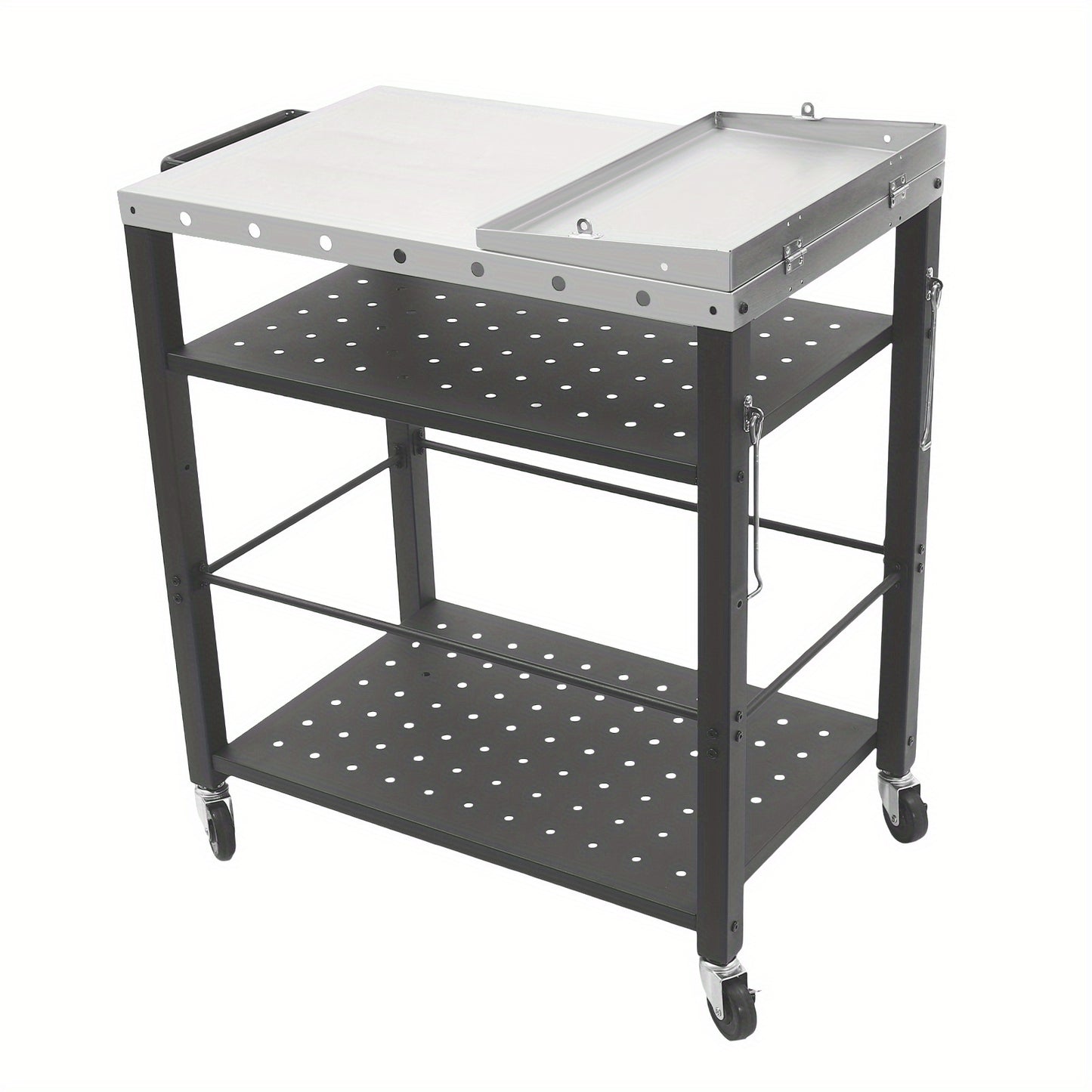 BBQ Trolley – Barbecuewagen – Grillwagen – Buitenkeuken – Campingwagen – 4 Tiers Opbergruimte – RVS Met Universele Wielen Zwart