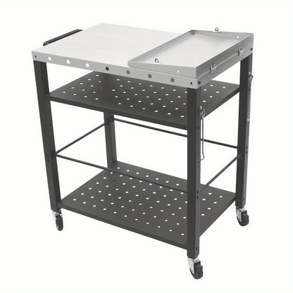 BBQ Trolley – Barbecuewagen – Grillwagen – Buitenkeuken – Campingwagen – 4 Tiers Opbergruimte – RVS Met Universele Wielen Zwart