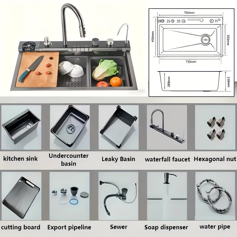 Keukenspoelbak – Spoelbak – Gootsteen – Wastafel – Wasbak – Roestvrij Staal Gunmetal Grijs – 75x45 cm – Enkele Kom – Digitale Waterdisplay – Uittrekbare Kraan – Inclusief Snijplank & Koppenwasfunctie