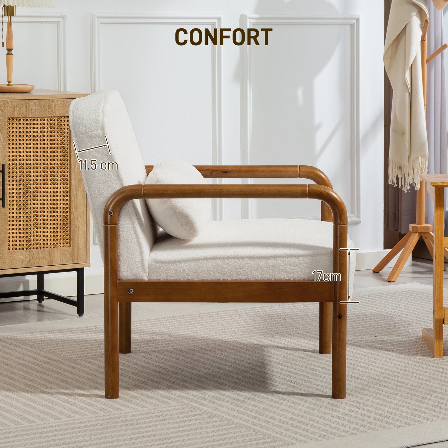 HOMCOM Living Room Fabric Bouclé Armchair, Modern Relaxation Chair with And Hevea Wood Frame, Armchair for Bedroom, Living Room, Dining Room, White