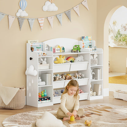 Kinderboekenkast – Boekenkast – Speelgoedkast – Opbergkast – Kindermeubel – Wit – 140 cm Breed – Met 8 Stoffen Opbergboxen