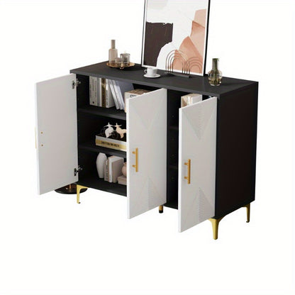 Modern Metallic Sideboard Cabinet - Elegant White & Golden Accent Storage with Doors, Non-Wood Furniture for Living Room, Bedroom, Dining Room - Easy Assembly Required, Preppy Room Decor, Bedroom Organizer, Classic Striped Do