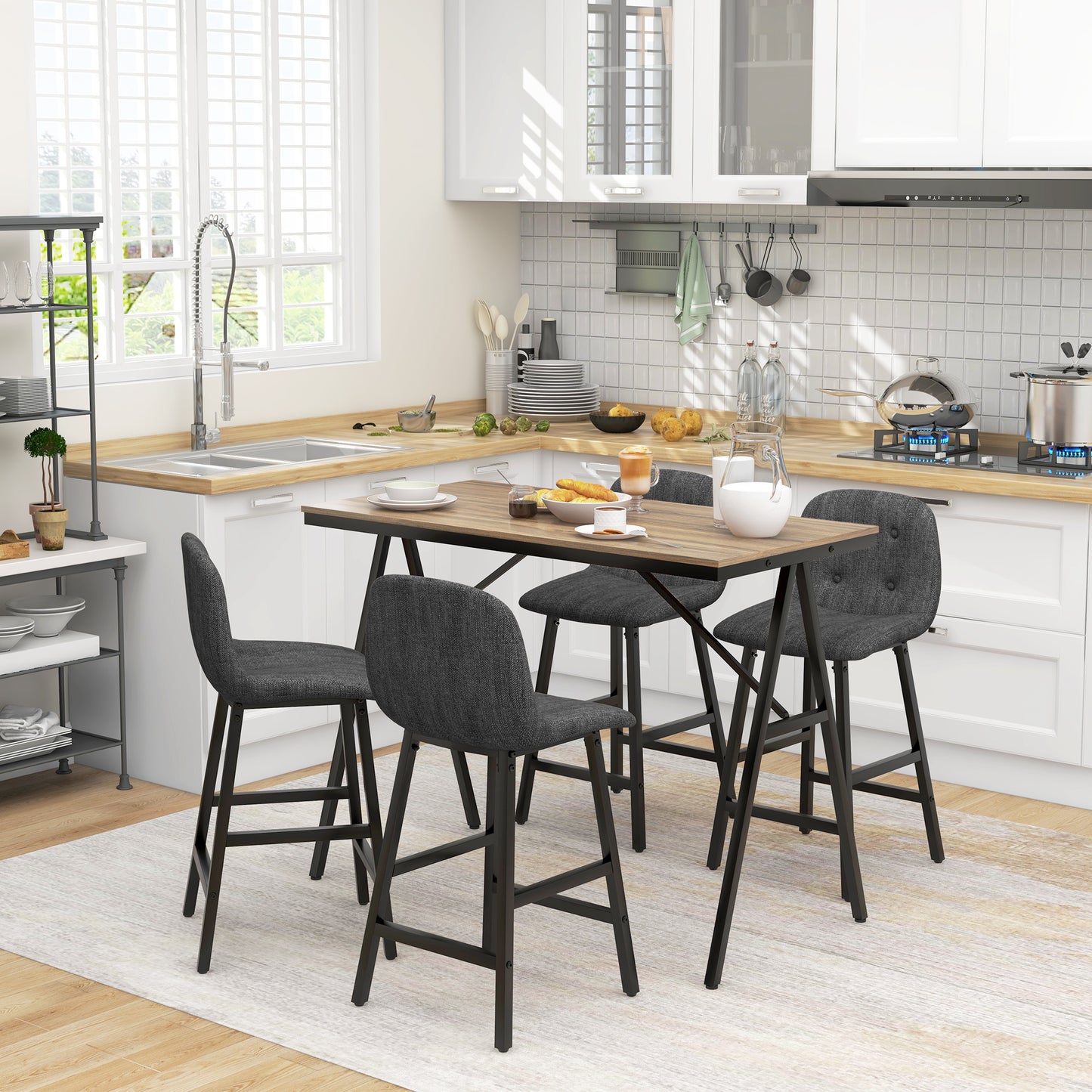 Eetkamer Set – Diningset – Tafel Met Stoelen – Eettafel Set – Stoelen Set – Donkergrijs – Button Tufting – Dikke Linnenlook Bekleding