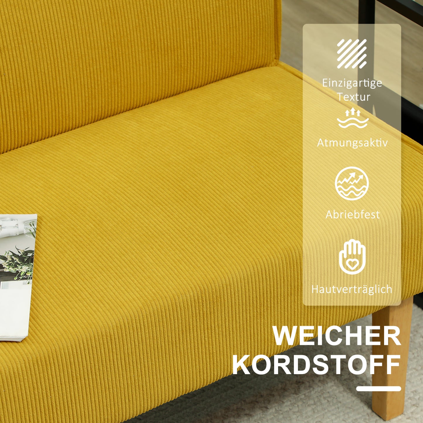 2-zits bank – tweezitsbank – loveseat – zitbank – bankje – gele corduroy bekleding – dikke vulling – massief houten poten
