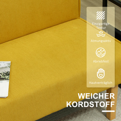 2-zits bank – tweezitsbank – loveseat – zitbank – bankje – gele corduroy bekleding – dikke vulling – massief houten poten