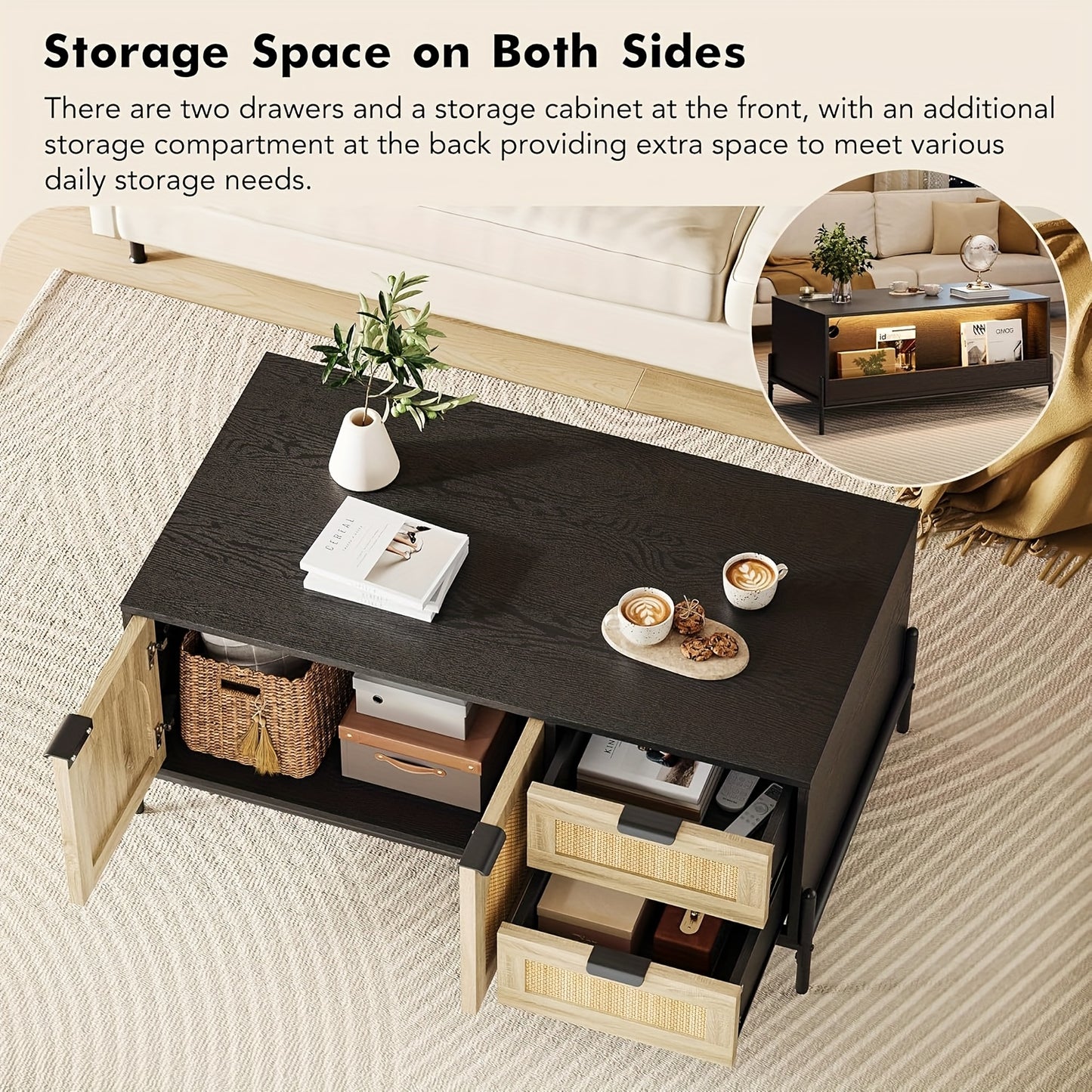 Salontafel – Koffietafel – Bijzettafel – Woonkamertafel – Banktafel – Mid-Century Modern Riet – MDF & Metaal – Verstelbare Poten