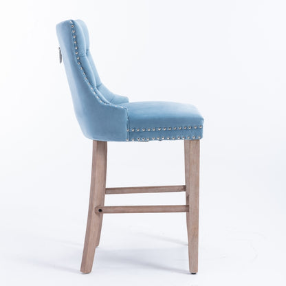 Barstoel – Barkruk – Barstoel Kruk – Barkrukken – Barstoel Stoel – Set van 2 – Lichtblauw Velvet Bekleed – Rubberen Houten Poten – Button-Tufted Rugleuning – 113 kg Draagvermogen – Retro Modern