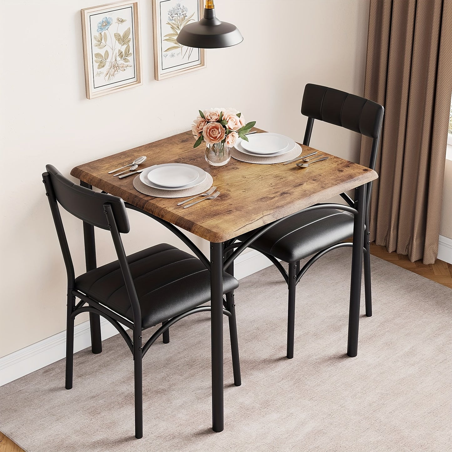 Eettafelset voor 2 Personen – Bistroset – Eettafel met Stoelen – Keukentafelset – Compacte Eettafel – Ruimtebesparend Ontwerp – Houten Tafelblad met Zwart Metalen Frame