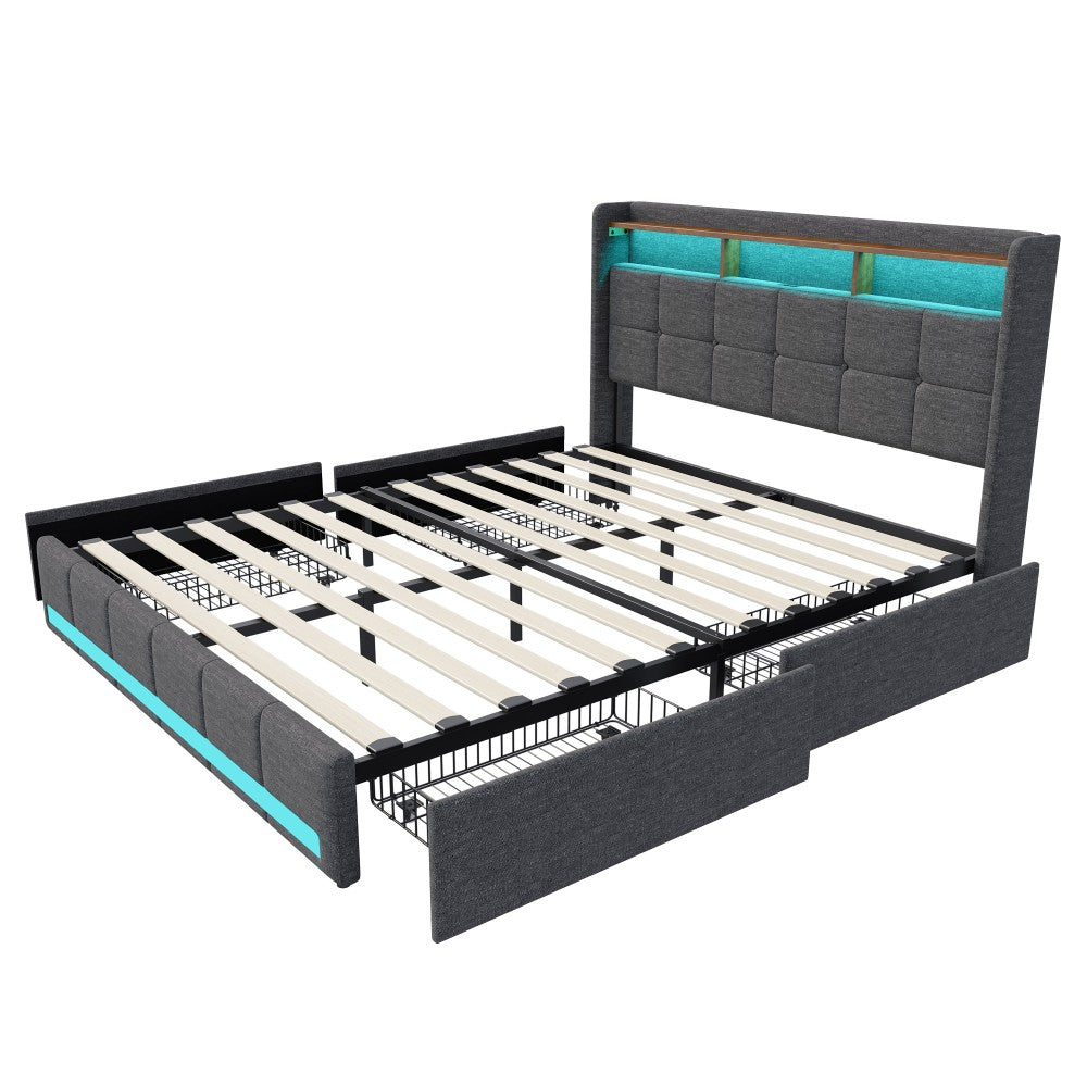 Tweepersoonsbed – Bedframe – Boxspring – Ledikant – Opbergbed – 160 x 200 cm – Fluwelen Bekleding – USB Oplaadfunctie Met LED-verlichting