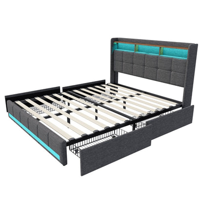 Tweepersoonsbed – Bedframe – Boxspring – Ledikant – Opbergbed – 160 x 200 cm – Fluwelen Bekleding – USB Oplaadfunctie Met LED-verlichting
