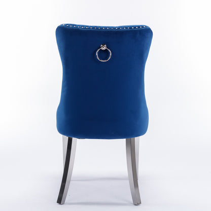 Modern, High-end Tufted Solid Wood Contemporary Velvet Upholstered Dining Chair with Chrome Stainless Steel Plating Legs,Nailhead Trim,Set of 2,Blue and Chrome, DE1701BL