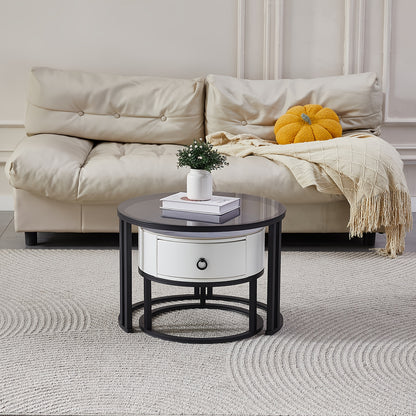 Salontafelset – Salontafels – Bijzettafels – Nesting Tafels – Woonkamertafelset – Glas en keramiek marmerlook – Met leren lade – 60 & 45 cm – Zwart Wit – Modern design – Duurzaam materiaal