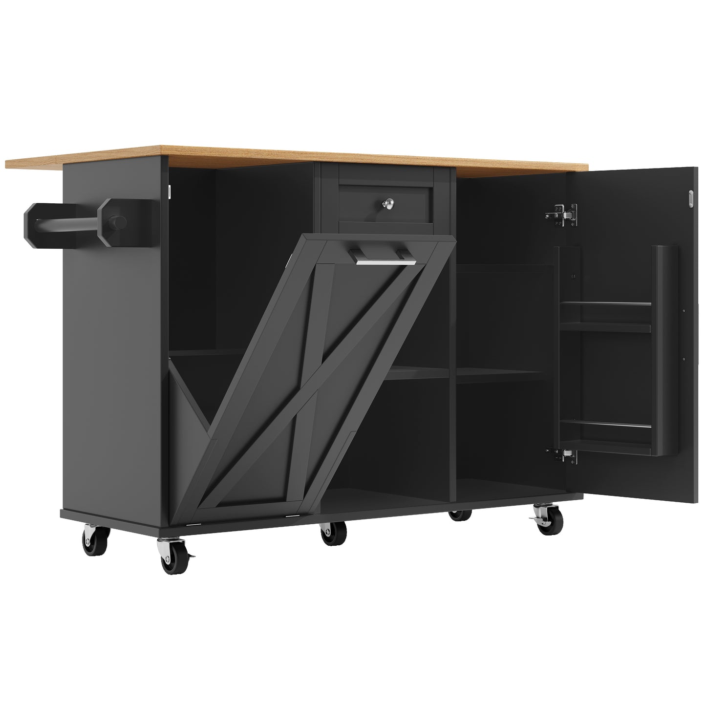 Keukeneiland – Keukentrolley – Keukenkast – Buffetkast – Keukenwagen – Inklapbaar Werkblad – Verstelbare Legplanken – 3D MDF-deuren – Metalen Handgrepen – Zwart – 142×40/63×87 cm