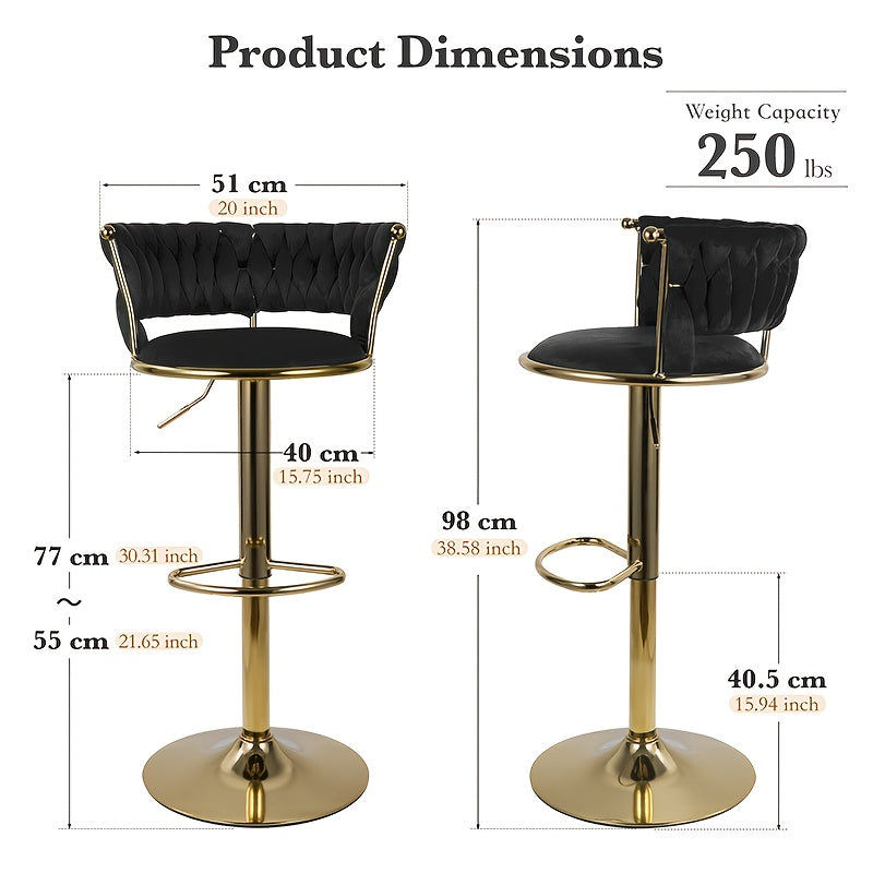 Barstoel Set 2 – Barkrukken – Barstoelen – Keukenstoelen – Verstelbare Krukken – Zwart Dutch Velvet – Verstelbare Hoogte – 360° Draaibaar Met Gouden Metalen Poten