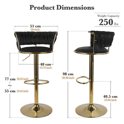 Barstoel Set 2 – Barkrukken – Barstoelen – Keukenstoelen – Verstelbare Krukken – Zwart Dutch Velvet – Verstelbare Hoogte – 360° Draaibaar Met Gouden Metalen Poten