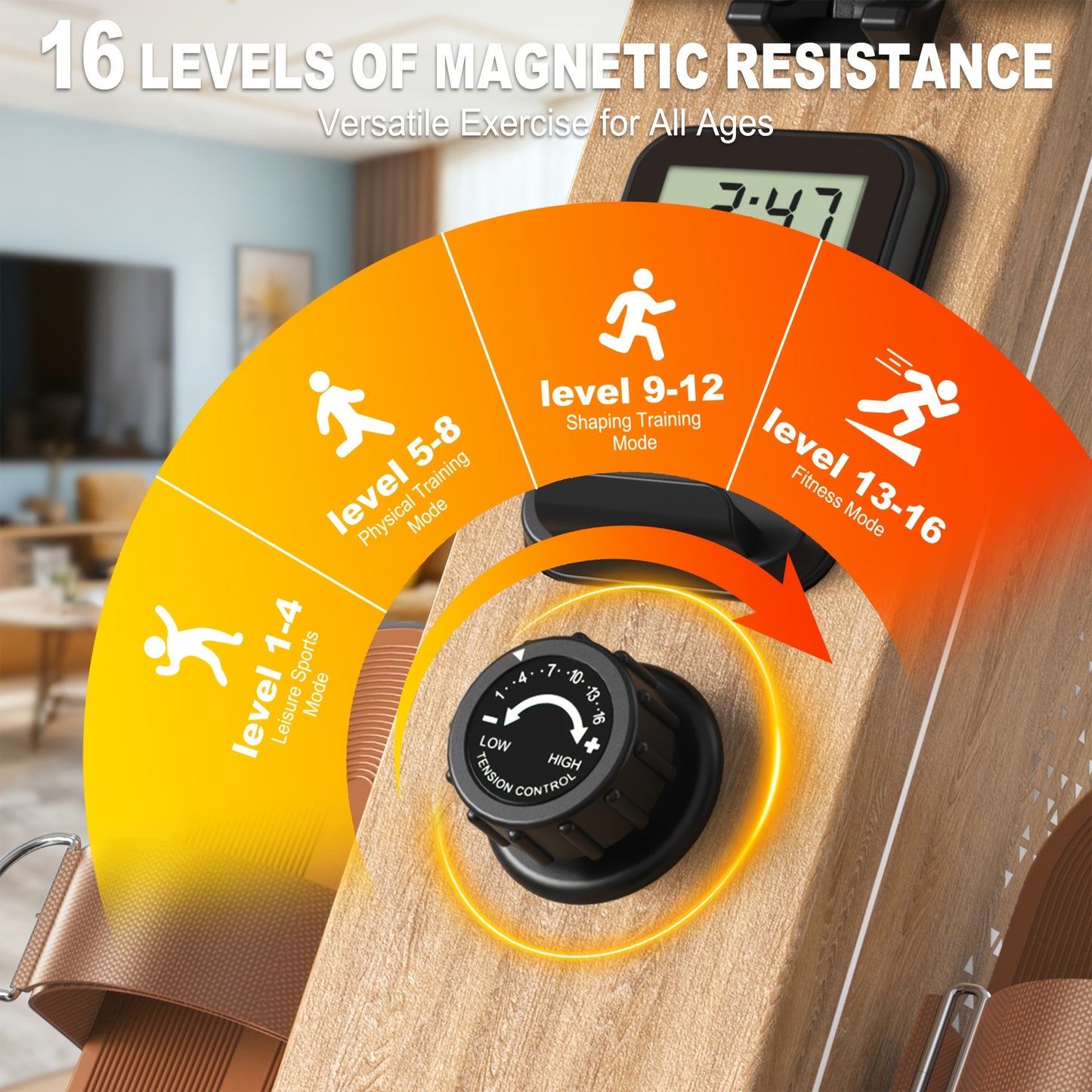 VOWVIT Rowing Machine for Home, Magnetic Rowing Machine with Wireless Monitor, 16 Resistance Levels, Compact Rowing Machine with 150kg Weight Capacity, Vertical Storage