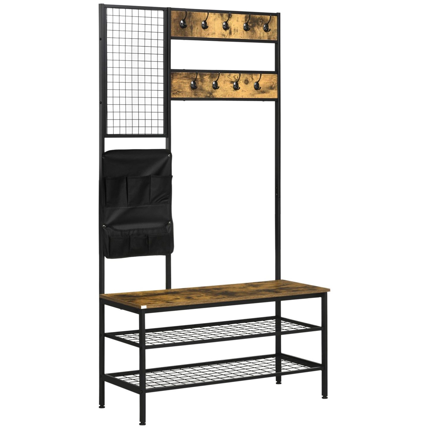 Kapstok – Garderobe – Kledingrek – Wandkapstok – Staande Kapstok – Industrieel Design – 9 Haken – Zitbank Met Schoenenrek – Zwart Bruin – Hout Metaal – 185 cm Hoog
