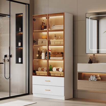 Middelgrote Vitrinekast / Display Cabinet – 75 cm Breed • 2 Grote Laden & 2 Glazen Deuren – Voor Slaapkamer, Woonkamer of Kantoor
