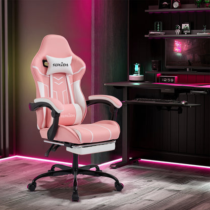 Gamingstoel Ergonomische Stoel – Bureaustoel Gaming Chair – Zithoekstoel – Computerstoel – Met Voetensteun – Verstelbare Zithoogte – Memory Foam Lendensteun – Kunstleer Roze-Wit