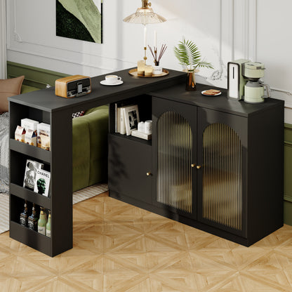 Ontbijtbar – Keukenbar – Barschrank – Werkblad – Rotatiebar Zwart – 360° Draaibaar Zijpaneel – MDF Met Glasfront 120x40x97 cm