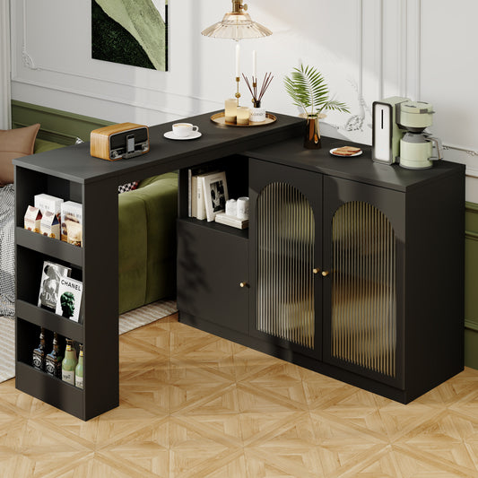 Ontbijtbar – Keukenbar – Barschrank – Werkblad – Rotatiebar Zwart – 360° Draaibaar Zijpaneel – MDF Met Glasfront 120x40x97 cm