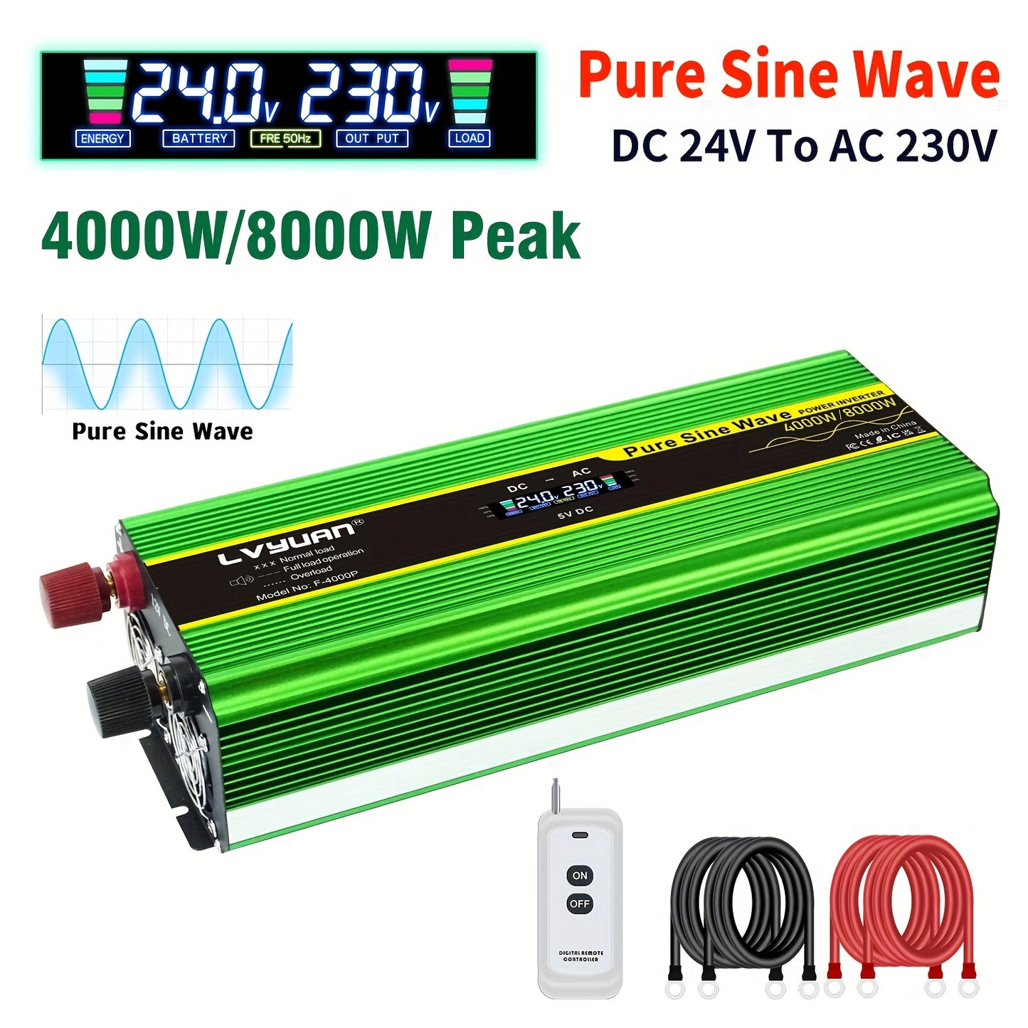 24V Omvormer – Spanningsomzetter – Inverter – Converter – Stroomomvormer – Hoge Vermogen 4000W – Stabiele 220-240V Output – Variant Groen