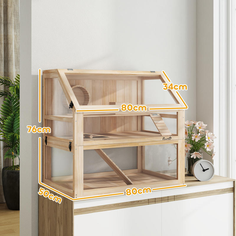Houten Hamsterkooi – Hamsterkooi 3-laags – Hamsterverblijf – Knaagdierkooi – Kleine Huisdieren Kooi – Ruim 3-niveaus Met Trap – Natuurlijk Zacht Hout & Ventilatierooster – 80x50x76 cm, Geïntegreerd Loopwiel, Scharnierend Deksel