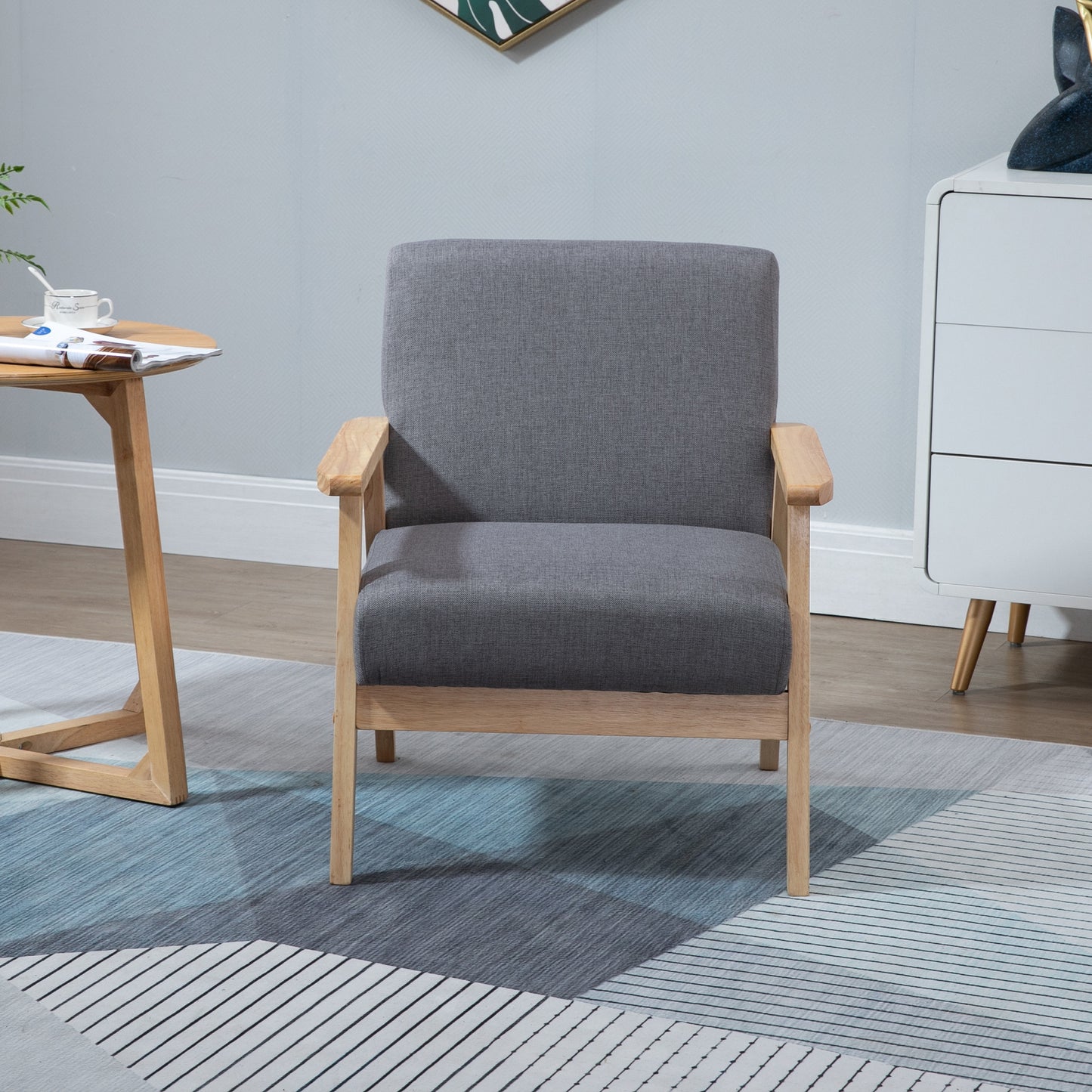 Stoel – Accentstoel – Fauteuil – Zithoekstoel – Lounge Stoel – Scandinavisch Design – Massief Houten Frame – Linnenlook Grijs – 64x70x72 cm