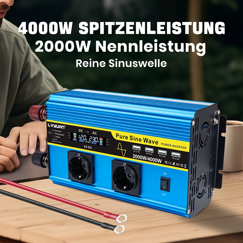 Pure Sine Wave Omvormer – Stroomomzetter – Spanningsomvormer – DC naar AC Converter – Autoinverter – 2000W Vermogen – LCD Display en 4 USB Poorten