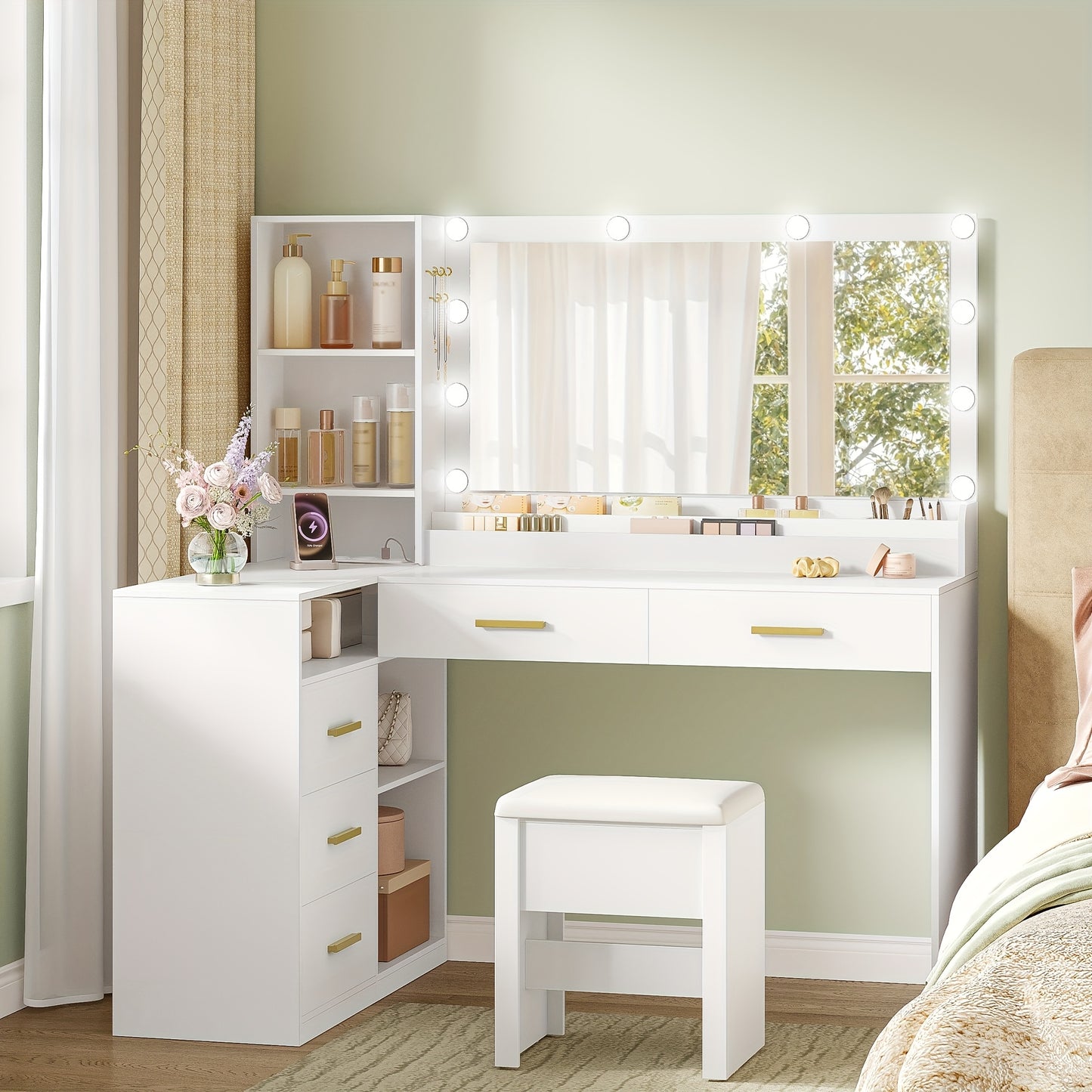 Corner Dressing Table with Stool, Large Mirror, 5 Drawers and Multiple Open Storage Shelves, 40 × 120 × 139cm, White